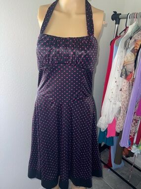 Vintage Ruby Rox Black Halter Dress with Pink Polka Dots